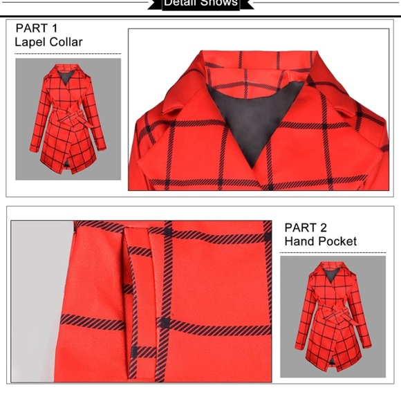 Trench Coat Women Turn Down Collar Wrap Coat Blend Grid Belted - Picture 5 of 5